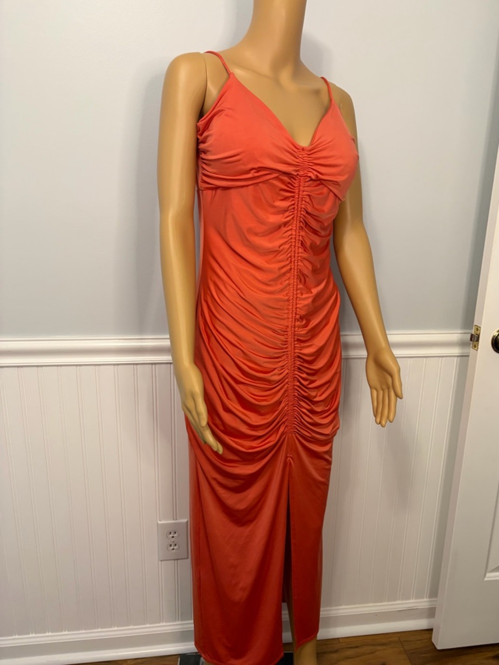 Express Orange Maxi Dress Large Ruched, Slit, Spaghetti Strap, Padded Bust Chic